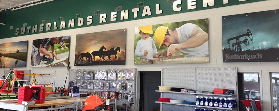 Rental showroom with saws, blades and tools on display