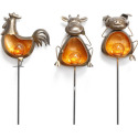 Solar Metal And Glass Rooster, Cow, Pig Garden Stakes