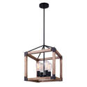 4-Light Square Matte Black And Real Wood Moss Chandelier