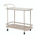 Cream-Colored Metal 2-Tier Bar Cart With Fir Wood Slatted Shelf And Casters