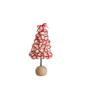 4-Inch Handmade Wool Felt White Pom Pom Tree with Wood Ball Base and Glass Beads & Red Satin Ribbon