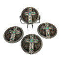 4 X 4-Inch Coasters With Cross And Turquoise And Holder, 4-Piece