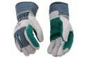 Large, Gray, Striped Canvas Back, Teal Suede Cowhide Full-Palm, Rubberized Glove