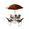 6-Piece Tan Outdoor Garden Glass Table Furniture Set, Includes Chairs & Umbrella