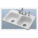 33-Inch White Porcelain Enamel Opal Cast Double Bowl Kitchen Sink Kit With 4-Hole Installation