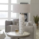 Off-White Distressed Ceramic Lenta Table Lamp With Light Oatmeal Round Hardback Linen Shade