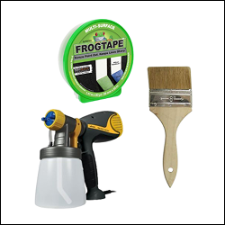 An array of paint accessories such as painter's tape, a paint brush, and a paint sprayer.