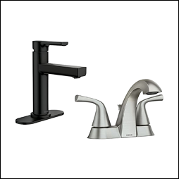 Black and silver bathroom sink fauces.