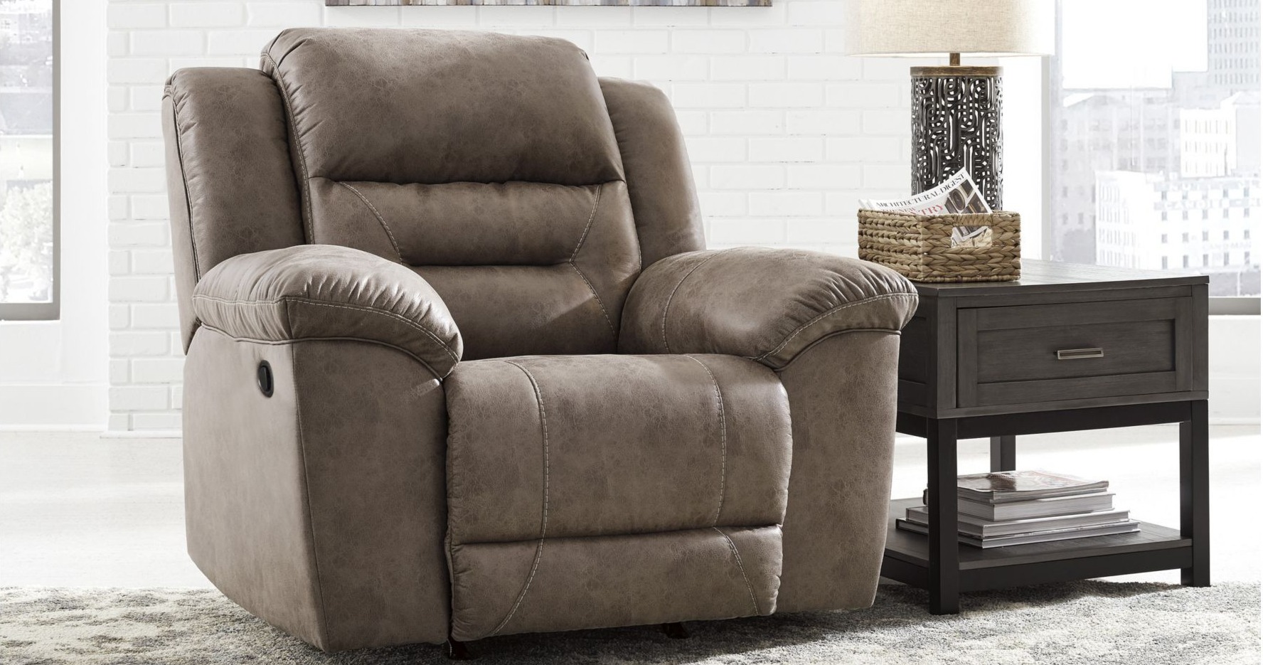 A light brown recliner.
