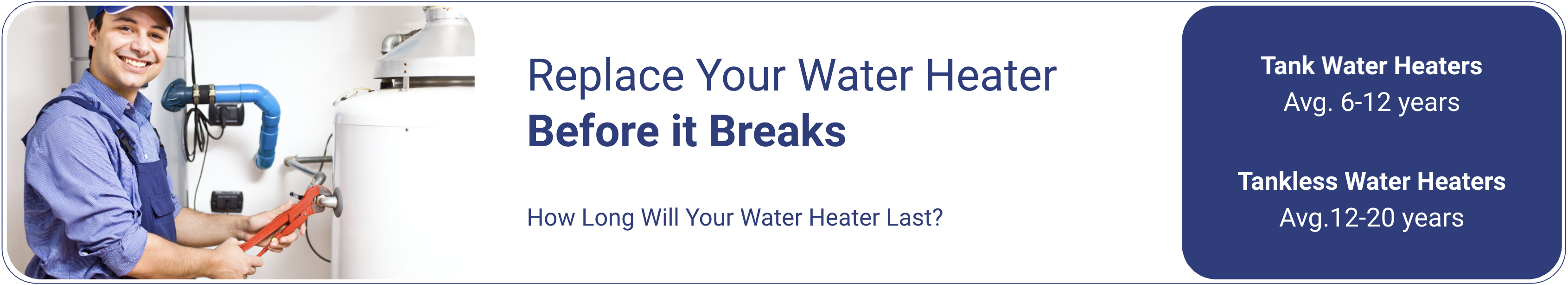 Tank water heaters last 6-12 years. Tankless lasts 20 years.