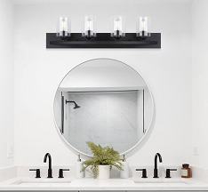 White bathroom with black accent vanity lighting.