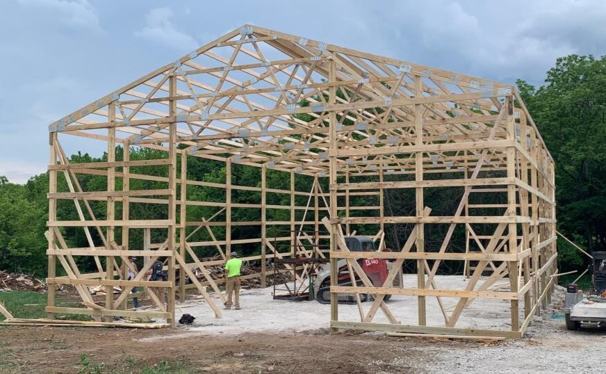 The beginning construction phase of a deluxe pole barn.