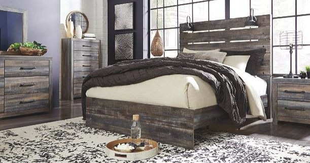 Dark brown, rustic wood bed frame.