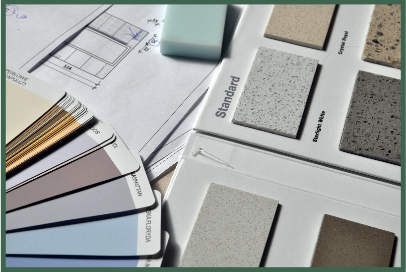 Paint samples, layout options, and countertop samples.