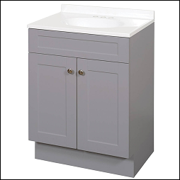 Gray bath vanity with a white vanity top.