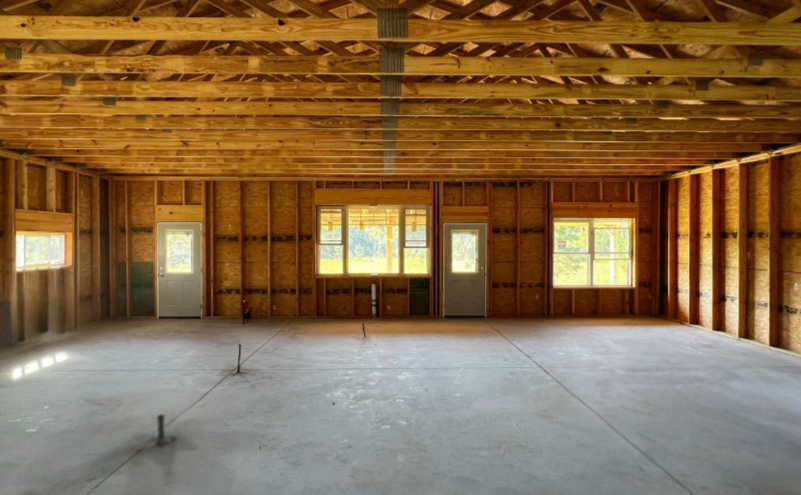 Inside view of barndominium house shell.