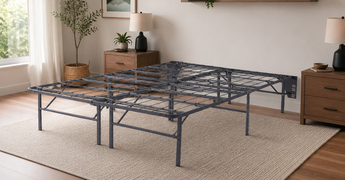 Metal box spring in a bedroom.