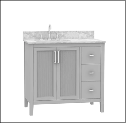 Gray bathroom vanity with a marble top.