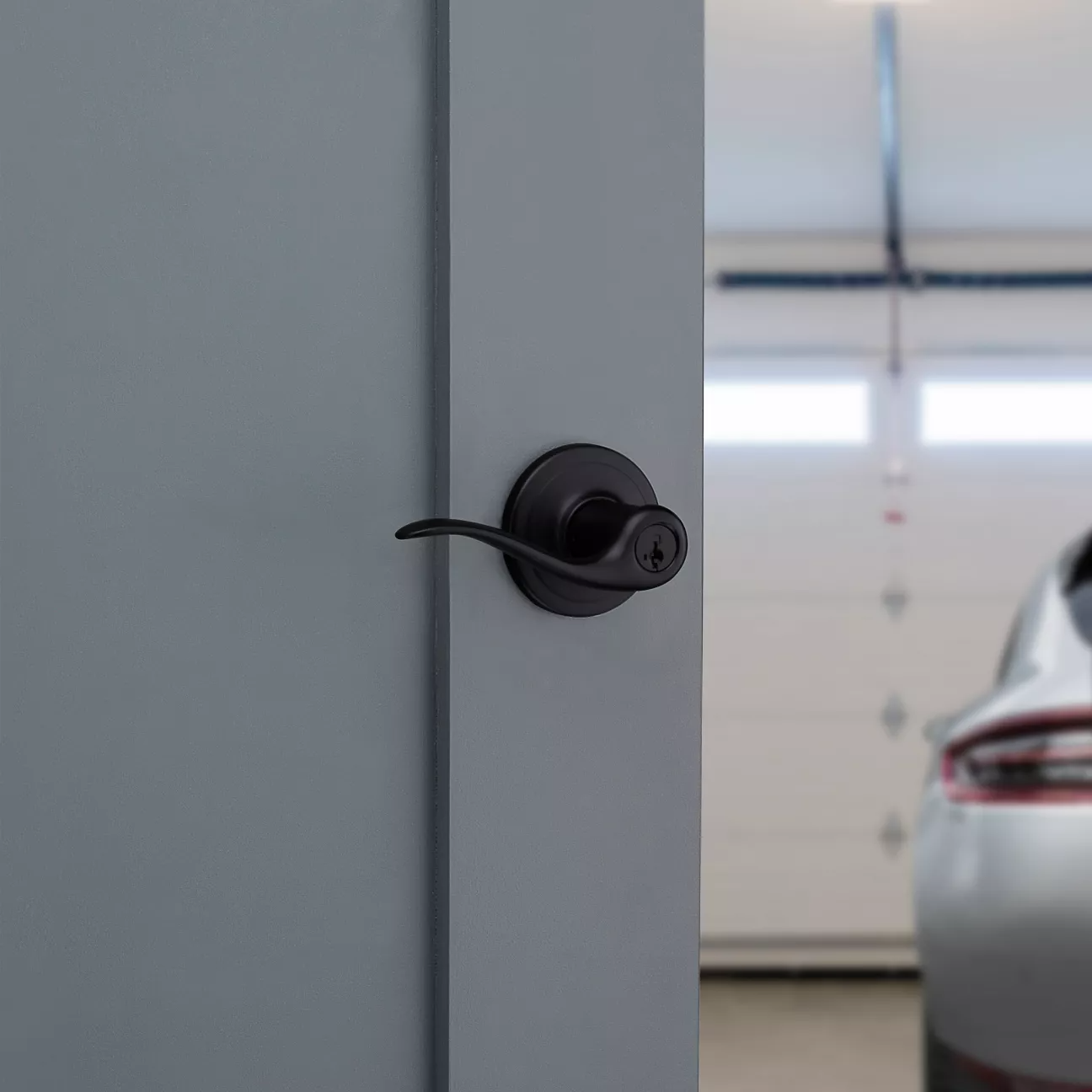 Matte black entry door handle.
