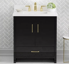 High contrast vanity with a dark brown base and white vanity top. 