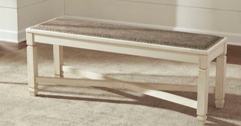 Cream and light brown, rustic dining bench.