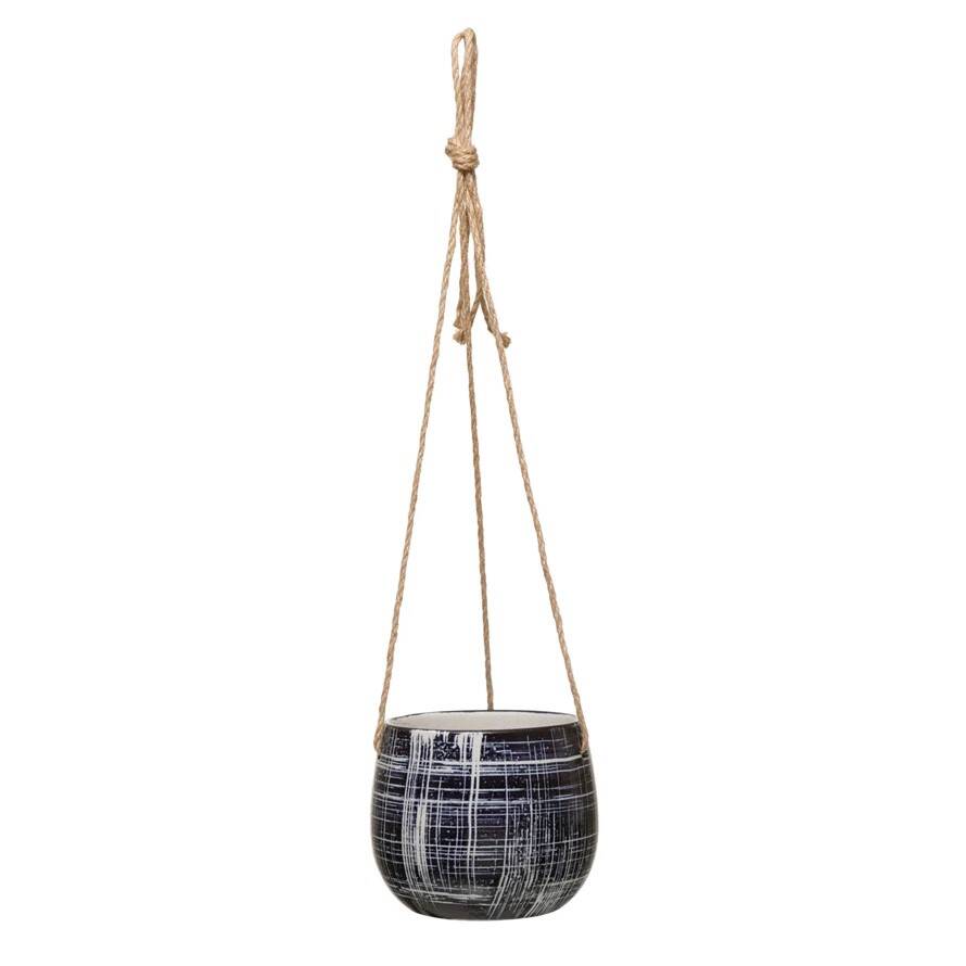 Creative CoOp DF4054 Stoneware Planter With Pattern And Jute Hanger at