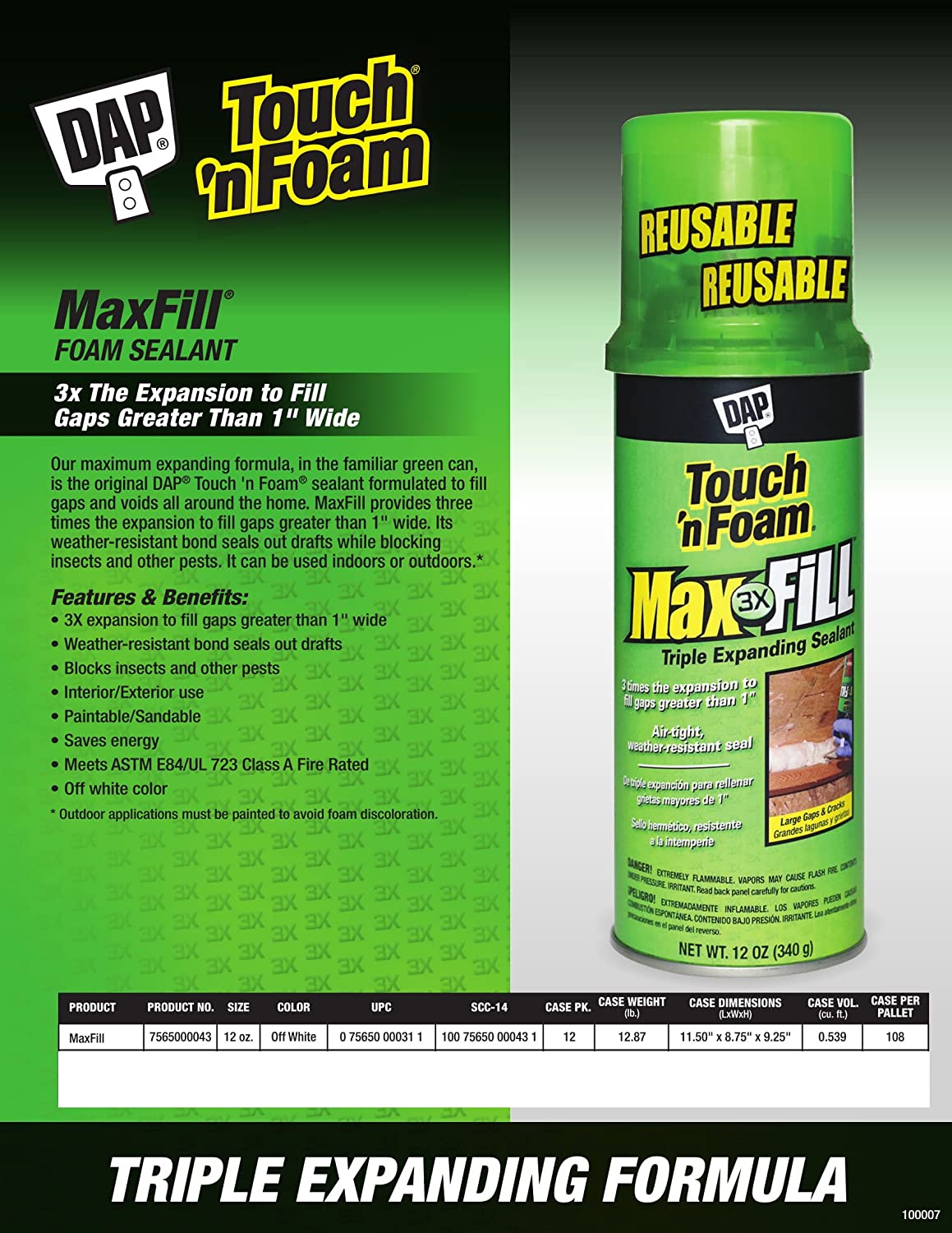 Dap® 7565000043 Touch N Foam Max Fill 12 Ounce Triple Expanding Sealant At Sutherlands 7756