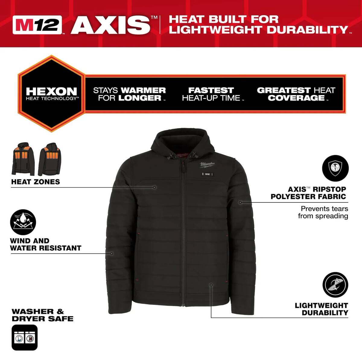Milwaukee® M102B-21L M12™ AXIS™ Black Heated Men's Jacket, L at