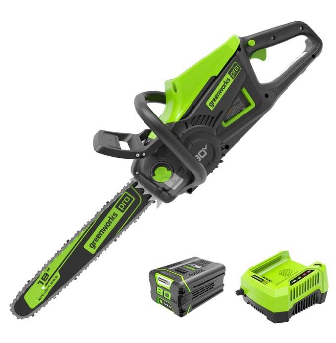 Greenworks 2019902 Chainsaw, 18-Inch Brushless 2.5Kw, 80-Volt With 4Ah ...