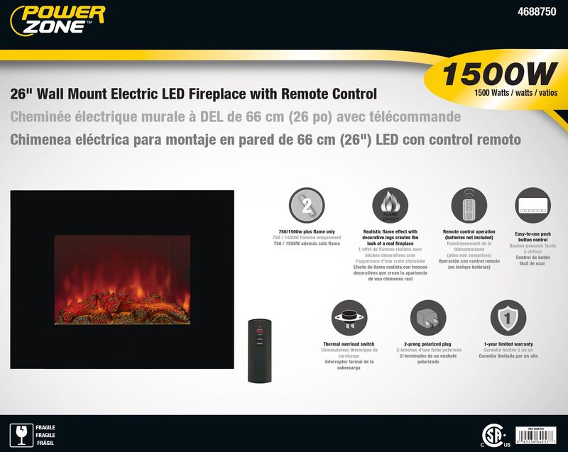 PowerZone EF450S 26Inch Wall Mount Electric LED Fireplace With Remote