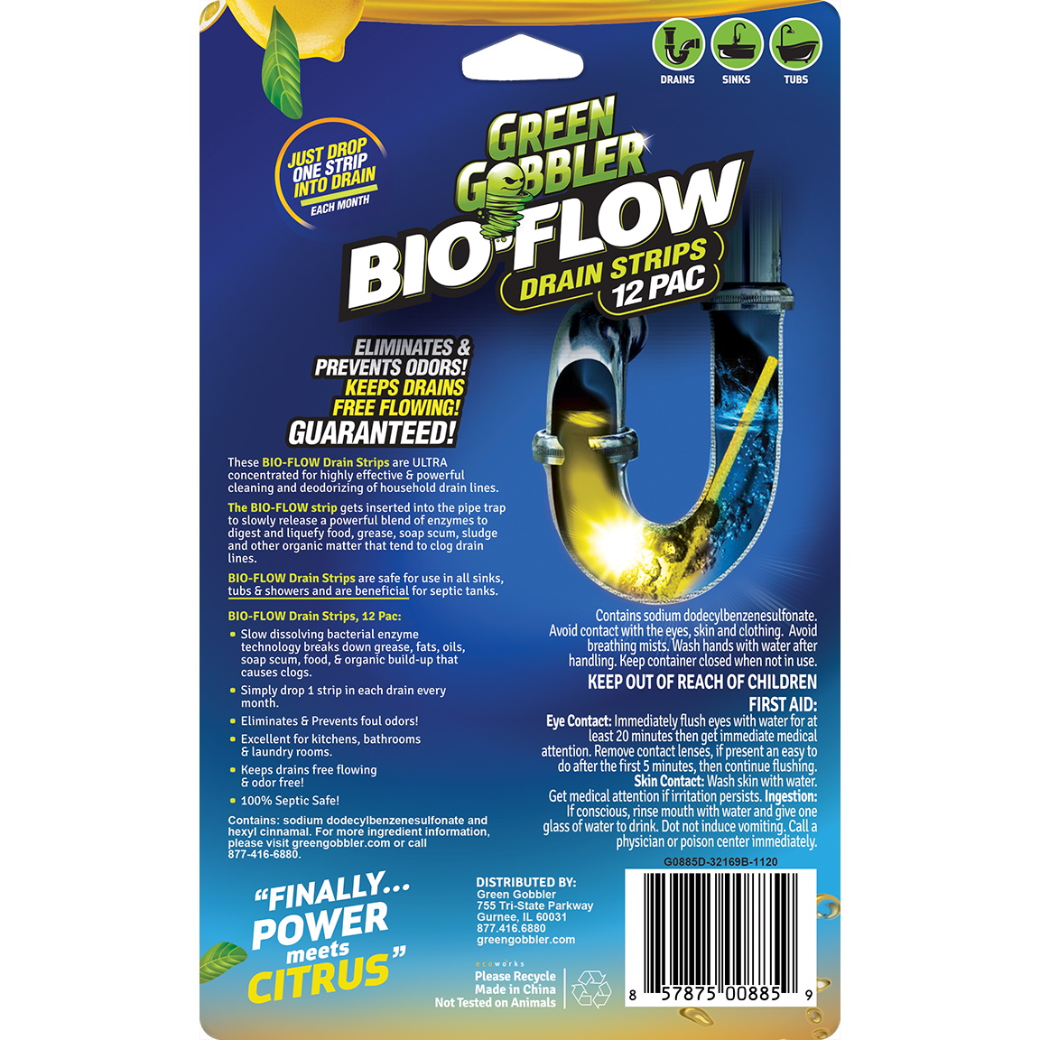 Green Gobbler Drain Strips, Bio-Flow, 12 Pack - 12 pack, 0.12 oz strips