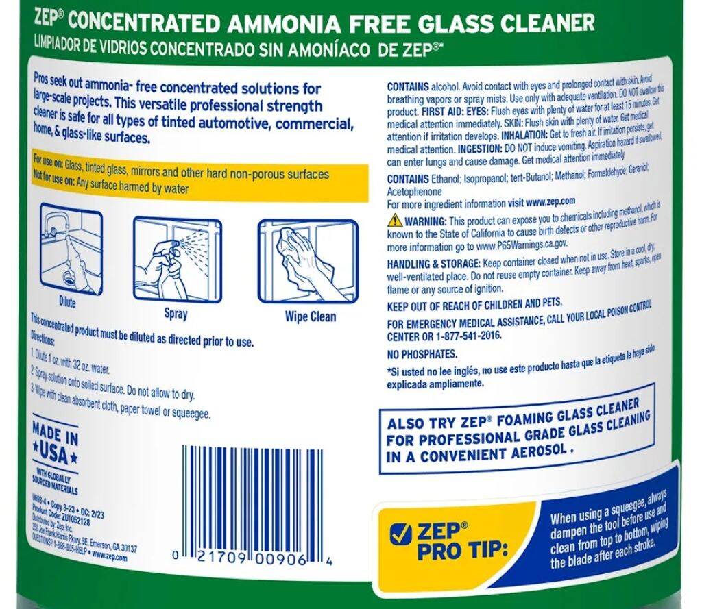 Zep Zu1052128 1 Gallon Ammonia Free Glass Cleaner Concentrate At Sutherlands 4483