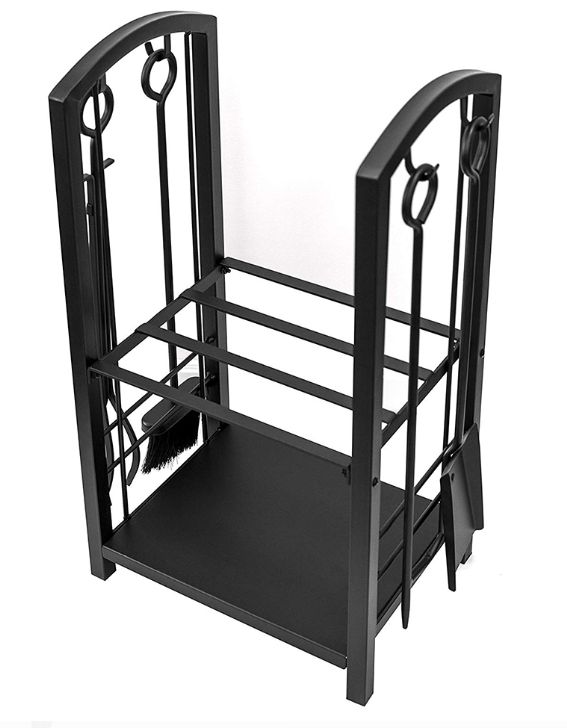 Olympia Tools 87368 Black Wrought Iron Fireplace Tool Set With Log Rack, 5Piece at Sutherlands