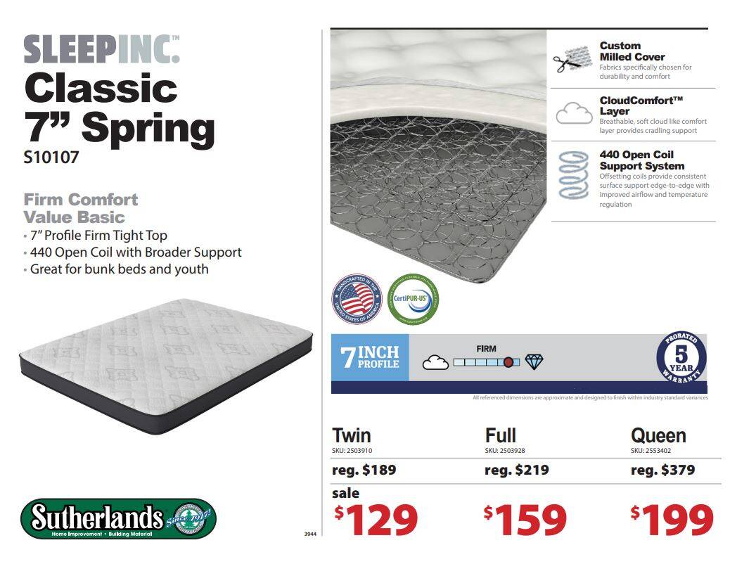 Sleep, Inc.™ S10107-1030 7-Inch Classic Spring Full Mattress at Sutherlands